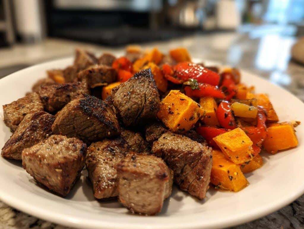Whole30 Steak Bites with Sweet Potatoes and Peppers - Featured