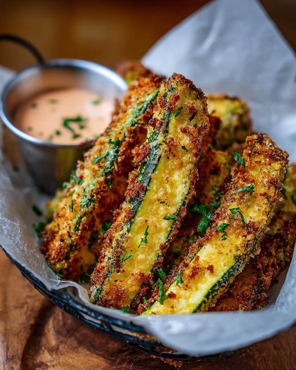 A basket of golden-brown, crispy Air Fryer Zucchini Fries, sprinkled with parsley, served with a creamy dipping sauce.