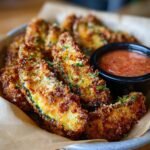 Golden brown and crispy Air Fryer Zucchini Fries served with a side of dipping sauce.