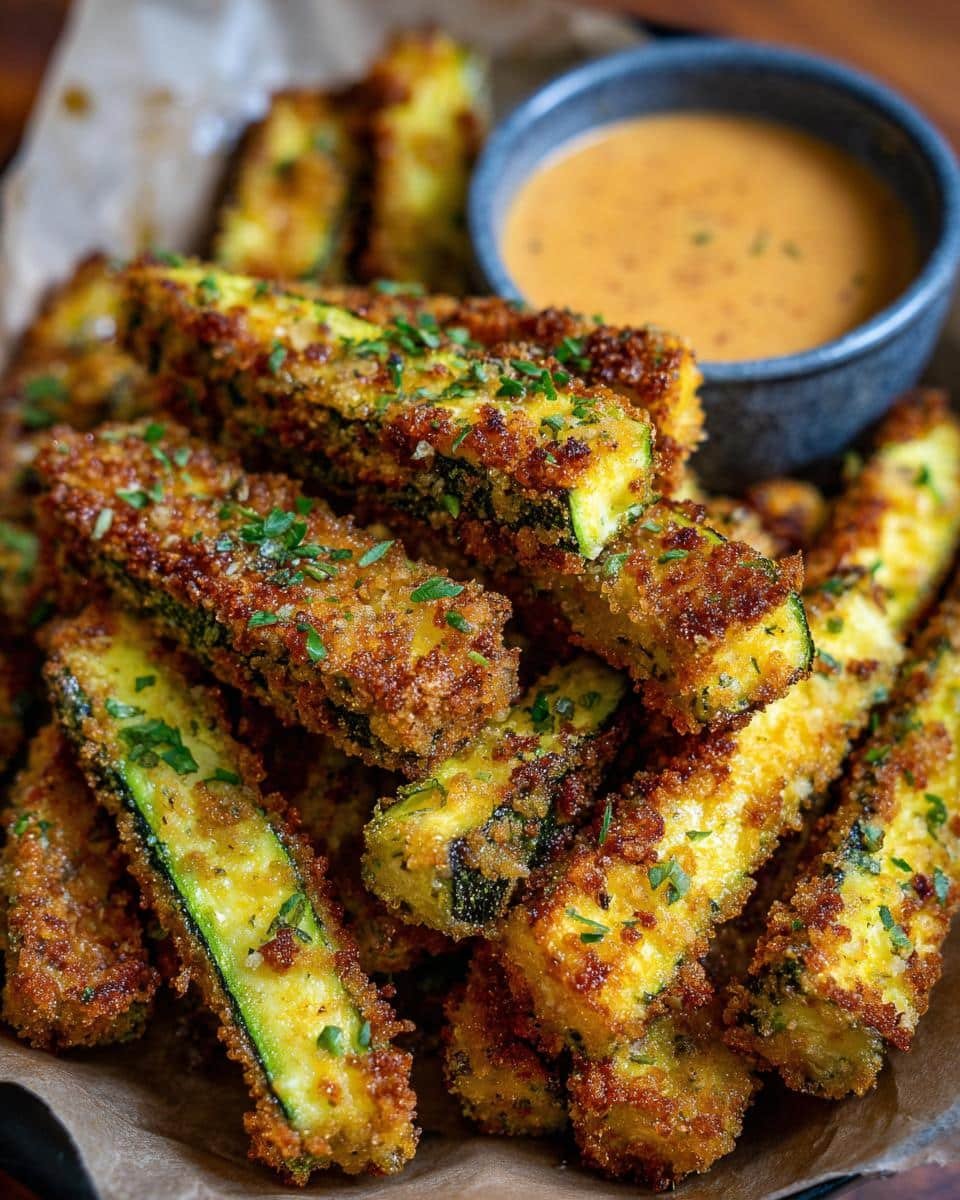 A close-up of golden-brown, crispy Air Fryer Zucchini Fries sprinkled with herbs, served with a dipping sauce.