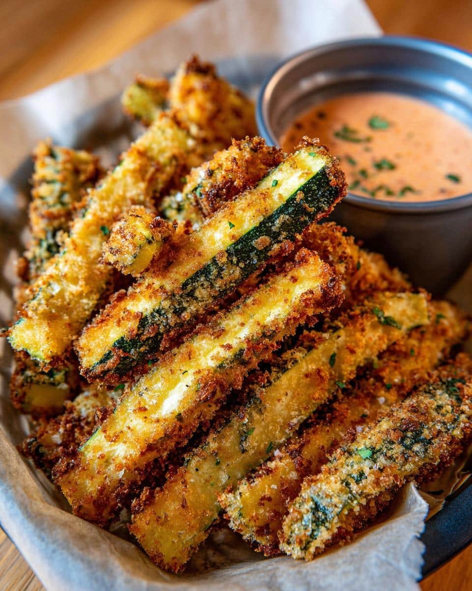 A close-up of golden-brown, crispy Air Fryer Zucchini Fries served with a creamy dipping sauce.