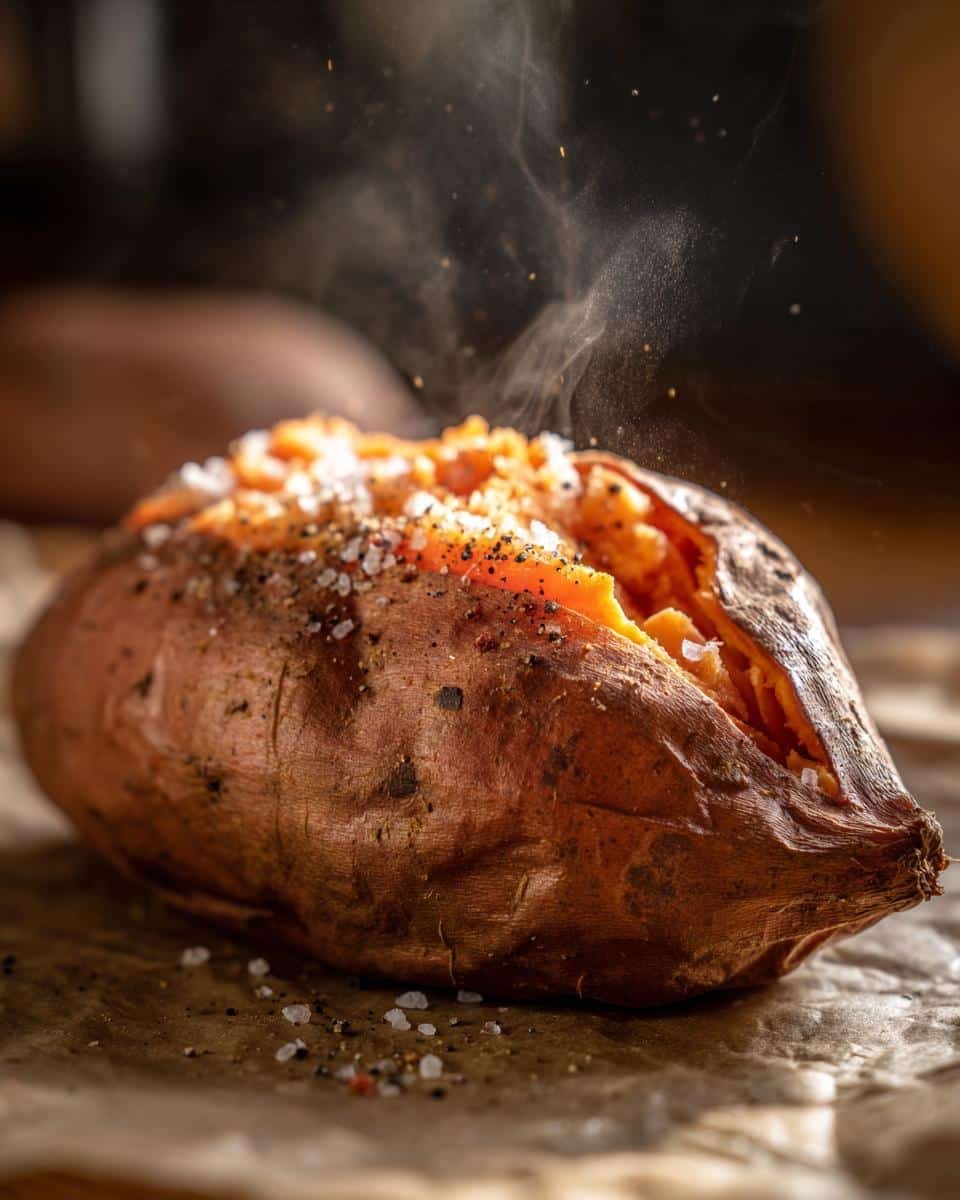 A perfectly baked sweet potato, split open, with steam rising and seasoned with salt and pepper.