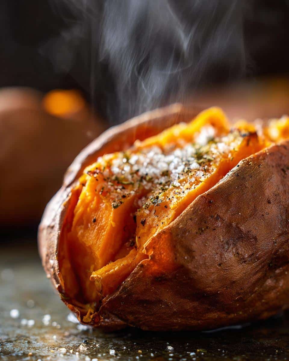 A close-up of a perfectly baked sweet potato, split open and steaming, seasoned with coarse salt and herbs.