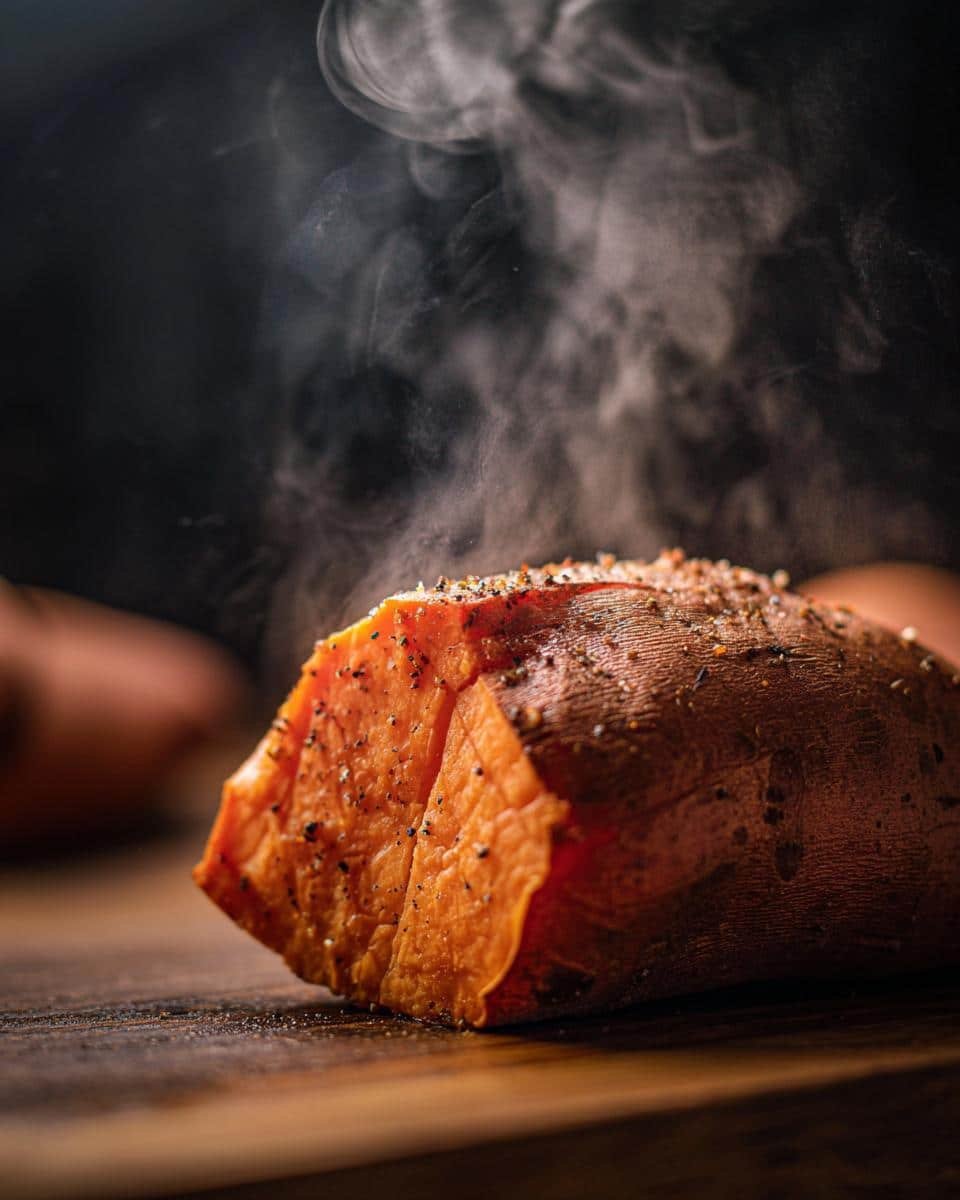 Close-up of a perfectly baked sweet potato, cut in half, with steam rising and visible seasoning.