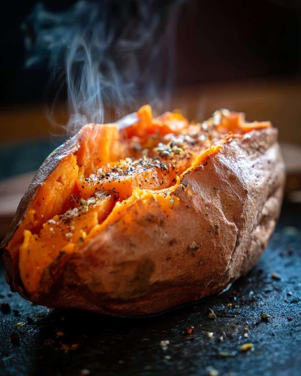 A perfectly baked sweet potato, split open, with steam rising and seasoned with salt and pepper.