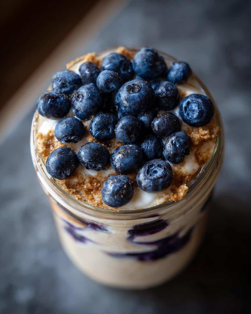 Dreamy Blueberry Cheesecake Overnight Oats Recipe 9 Close-up of Blueberry Cheesecake Overnight Oats in a jar, topped with fresh blueberries and graham cracker crumbs.