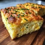 A close-up of a slice of Cottage Cheese Breakfast Bake, topped with fresh chives, on a wooden board.