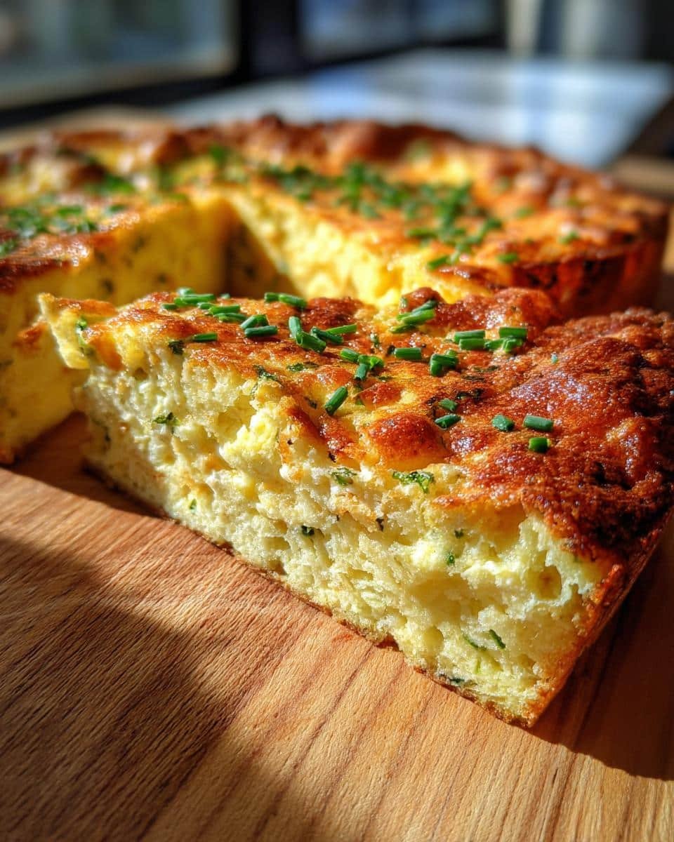 A slice of golden-brown Cottage Cheese Breakfast Bake, garnished with fresh chives, on a wooden board.