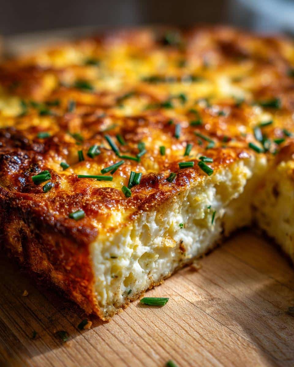 A close-up of a slice of Cottage Cheese Breakfast Bake, garnished with fresh chives, on a wooden board.