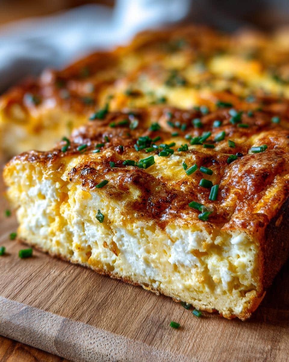 A close-up of a slice of Cottage Cheese Breakfast Bake, topped with chives, on a wooden board.