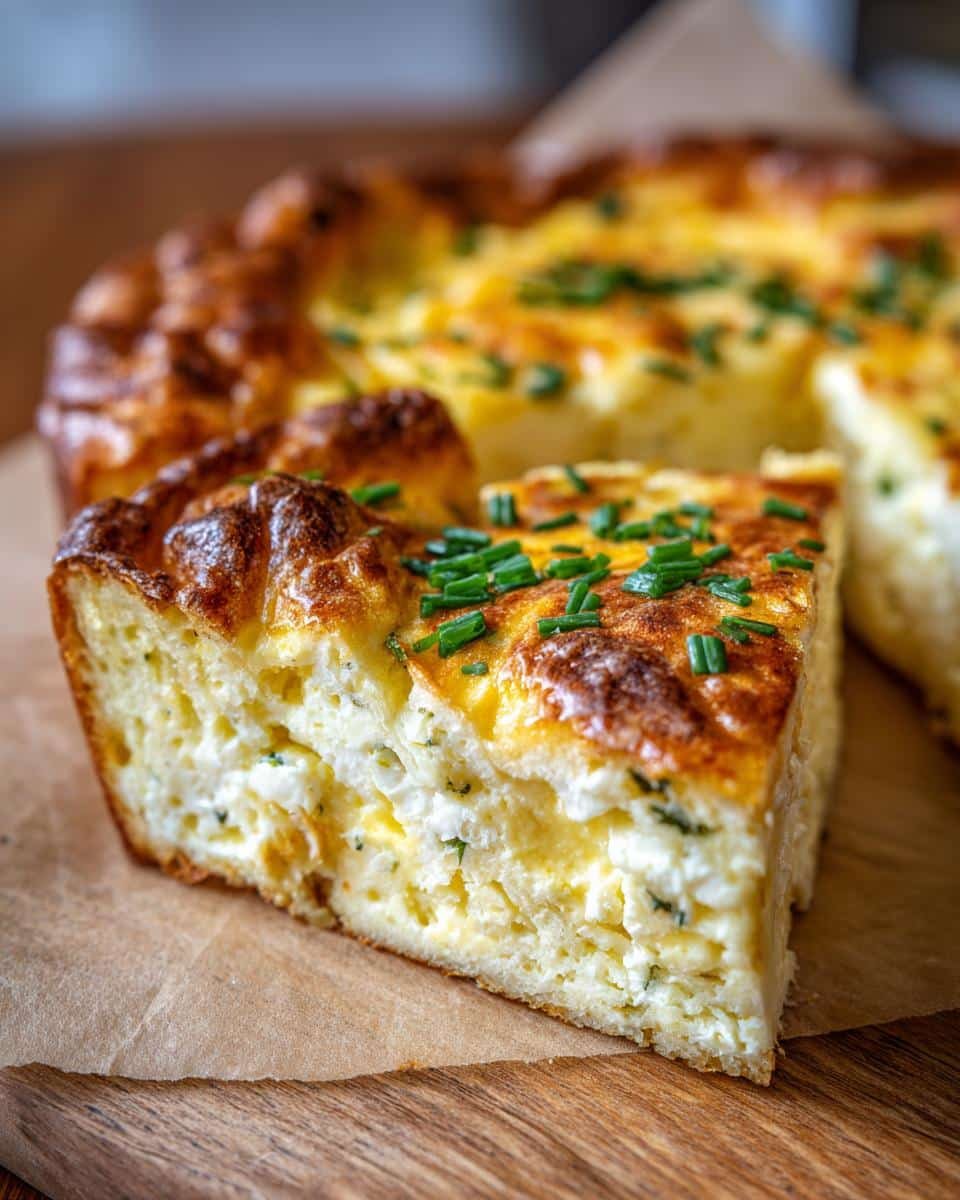 A close-up of a slice of Cottage Cheese Breakfast Bake, topped with fresh chives.