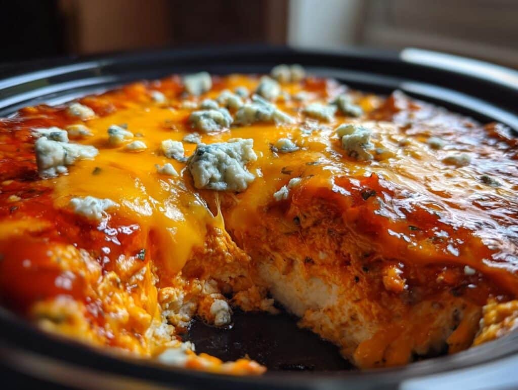 A close-up of bubbling crockpot buffalo chicken dip, topped with melted cheddar cheese and crumbles of blue cheese.