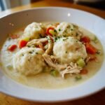 A close-up of a bowl of crockpot chicken and dumplings, featuring fluffy dumplings, shredded chicken, carrots, and celery in a creamy broth.