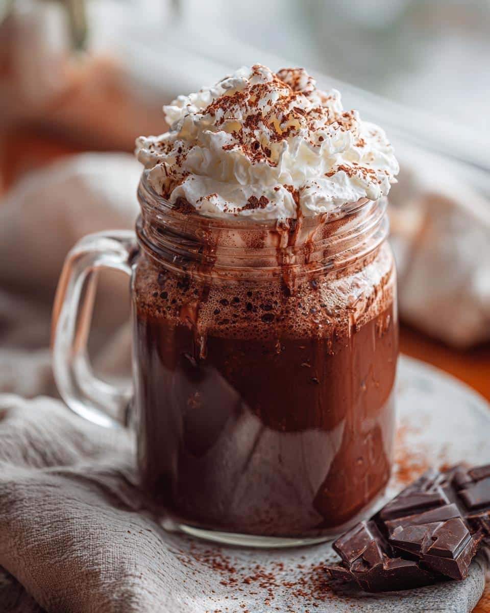 Amazing Crockpot Hot Chocolate 2 Ways 9 A mug of rich crockpot hot chocolate topped with whipped cream and chocolate shavings, with chocolate pieces nearby.