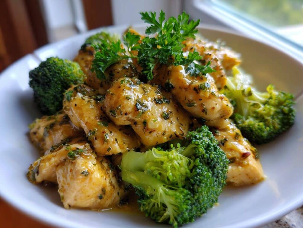 A close-up of Garlic Butter Chicken and Broccoli served in a white bowl, garnished with parsley.