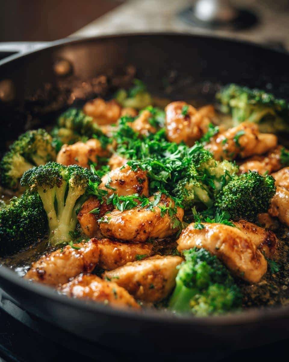 Amazing Garlic Butter Chicken and Broccoli: 35 Min Recipe 7 Close-up of tender Garlic Butter Chicken and Broccoli pieces sizzling in a pan, garnished with fresh parsley.
