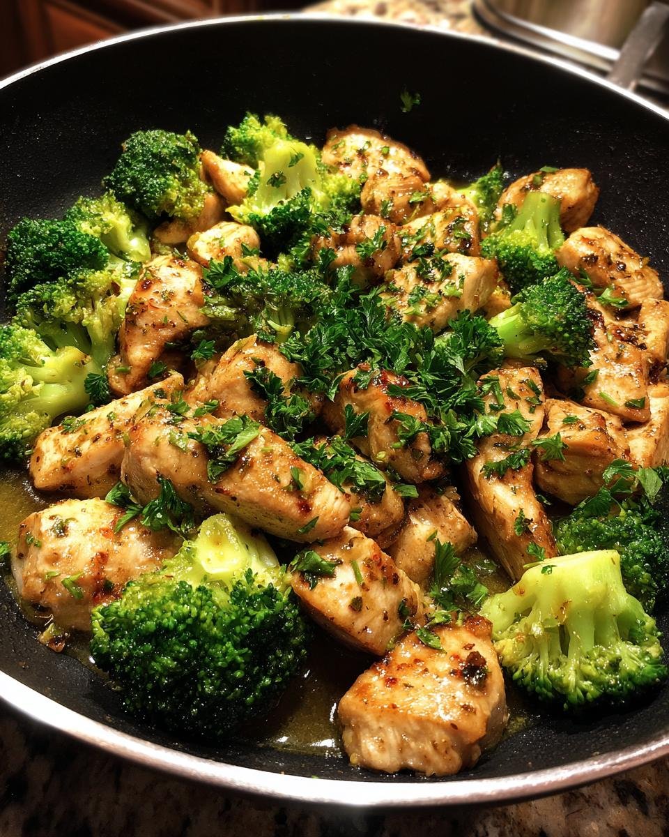 Amazing Garlic Butter Chicken and Broccoli: 35 Min Recipe 6 Close-up of Garlic Butter Chicken and Broccoli cooked in a pan, garnished with fresh parsley.