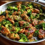 A close-up of Garlic Butter Chicken and Broccoli cooked in a skillet, garnished with fresh parsley.