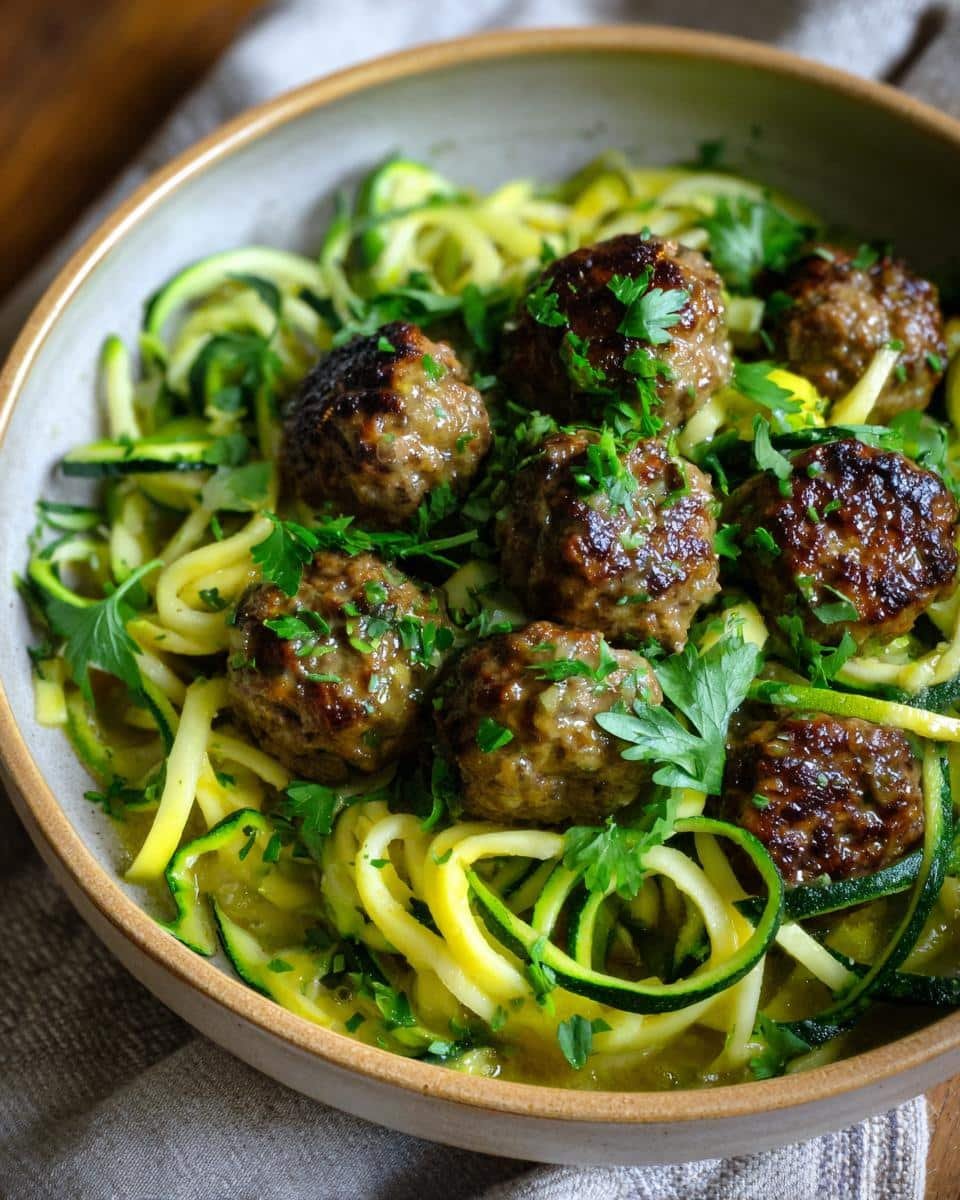 A bowl of Garlic Butter Meatballs served over zucchini noodles, garnished with fresh parsley.