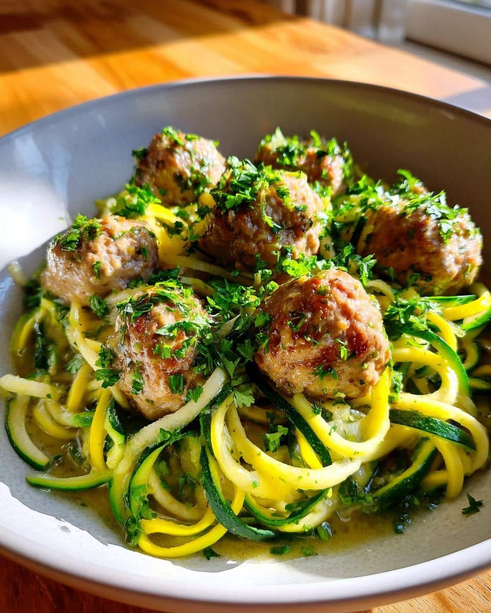 A bowl of Garlic Butter Meatballs served over vibrant zucchini noodles, garnished with fresh parsley.