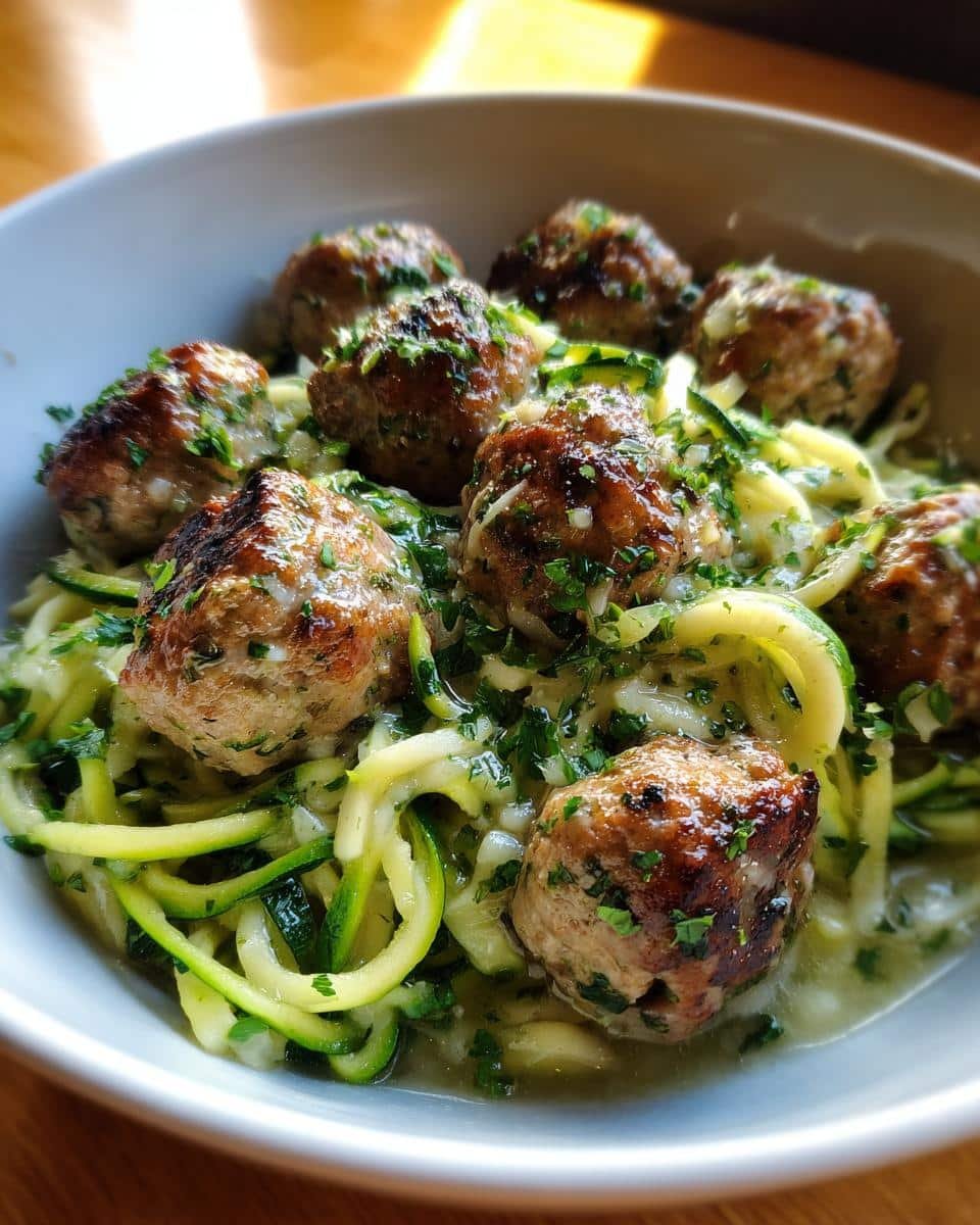 A bowl of Garlic Butter Meatballs served over vibrant zucchini noodles, garnished with fresh parsley.