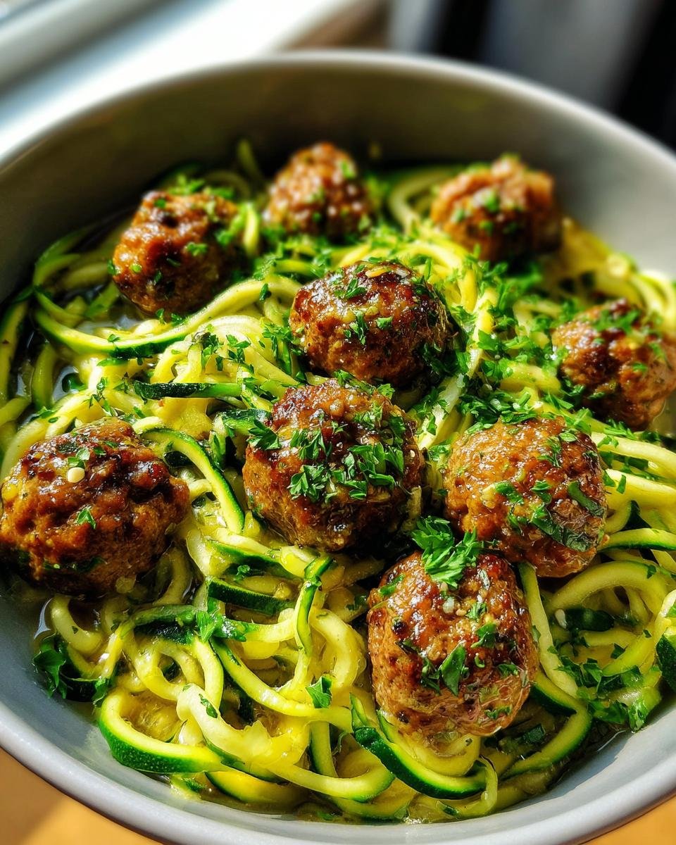 A close-up of delicious garlic butter meatballs served over a bed of vibrant zucchini noodles, garnished with fresh parsley.