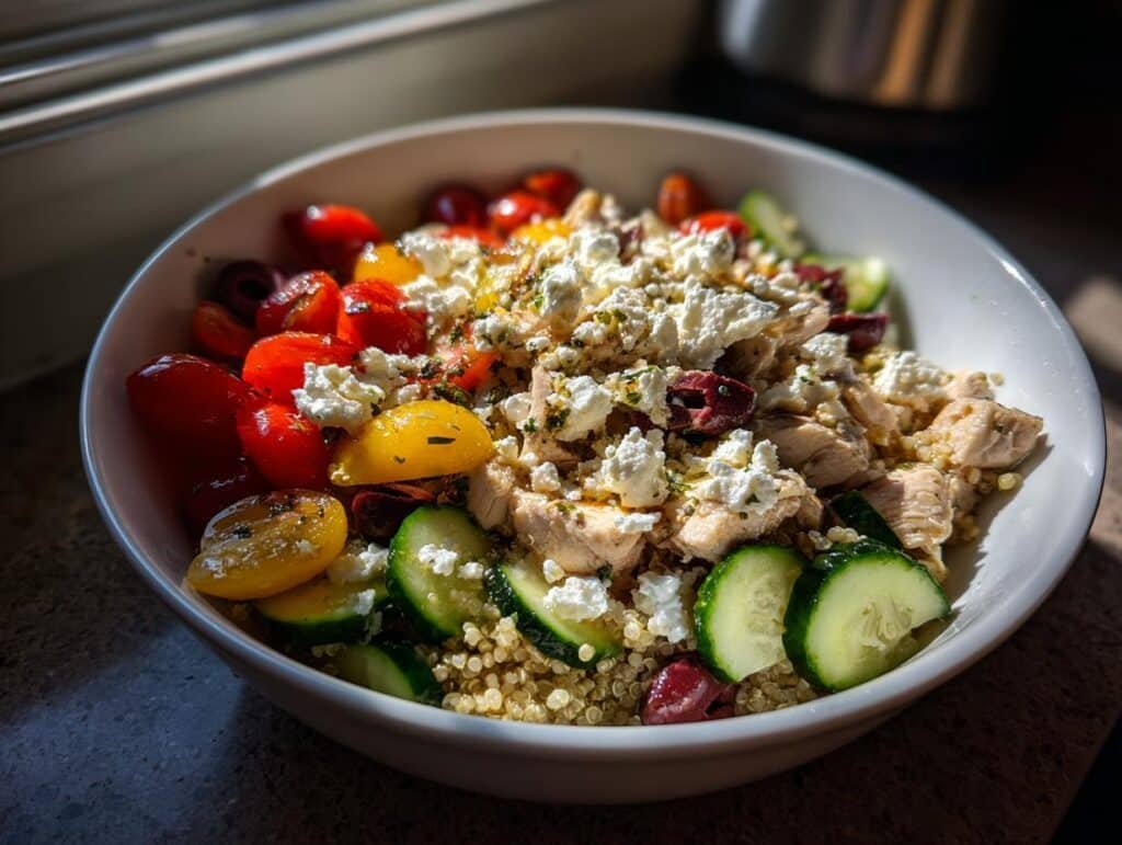 A close-up of a vibrant Greek Chicken Quinoa Bowl filled with quinoa, chicken, cherry tomatoes, cucumber slices, olives, and feta cheese.