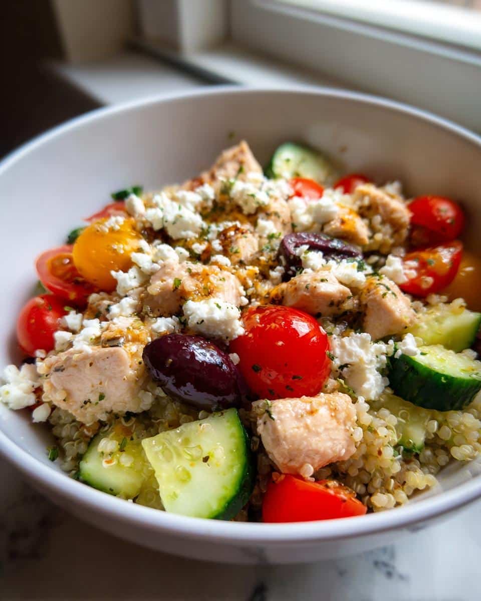 A vibrant Greek Chicken Quinoa Bowl filled with chicken, quinoa, cherry tomatoes, cucumber, olives, and feta cheese.