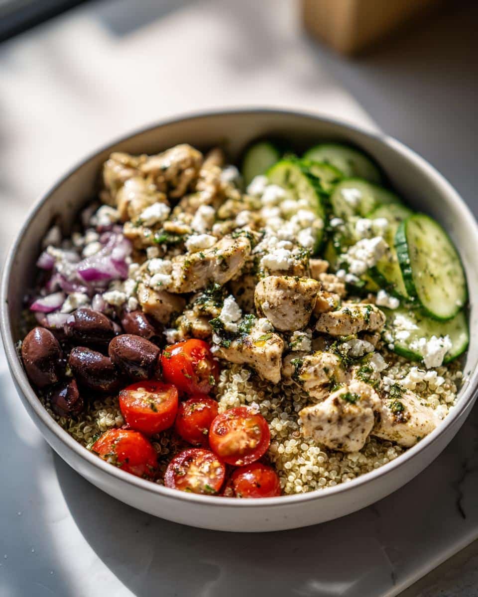 A vibrant Greek Chicken Quinoa Bowl filled with chicken, quinoa, cherry tomatoes, olives, cucumber, red onion, and feta cheese.
