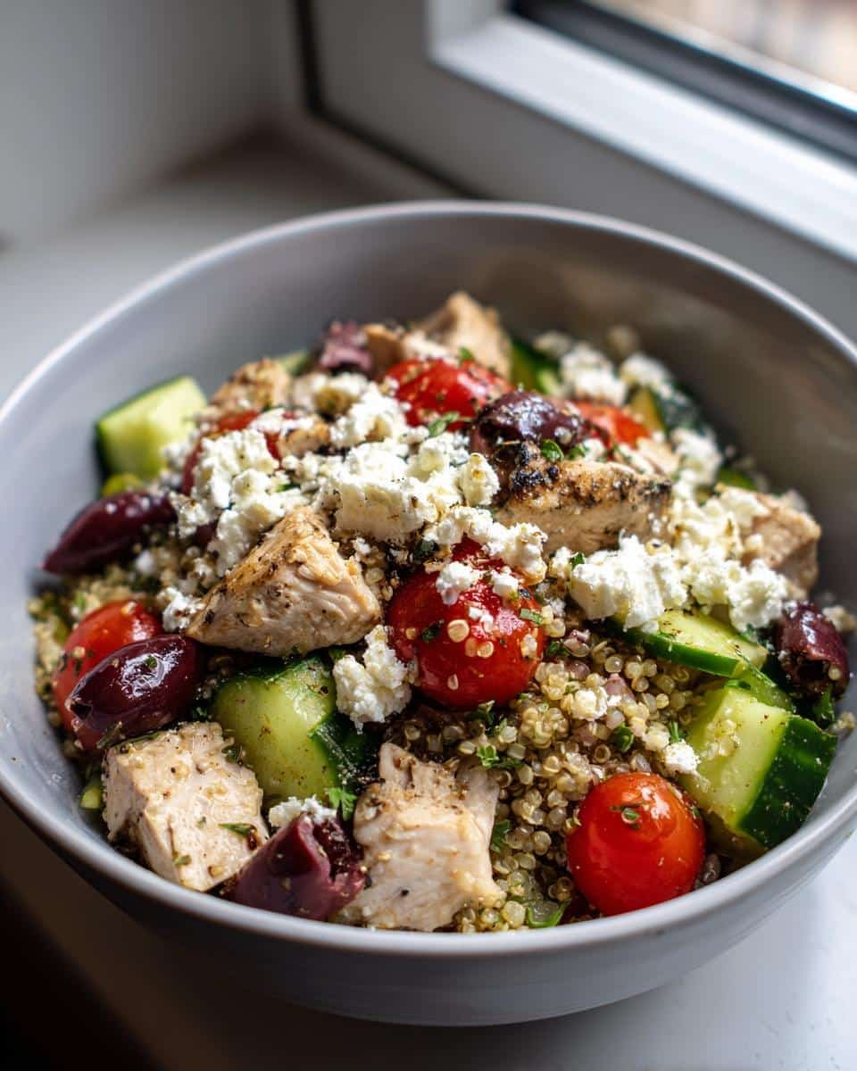 A close-up of a Greek Chicken Quinoa Bowl filled with grilled chicken, quinoa, cucumber, tomatoes, olives, and feta cheese.