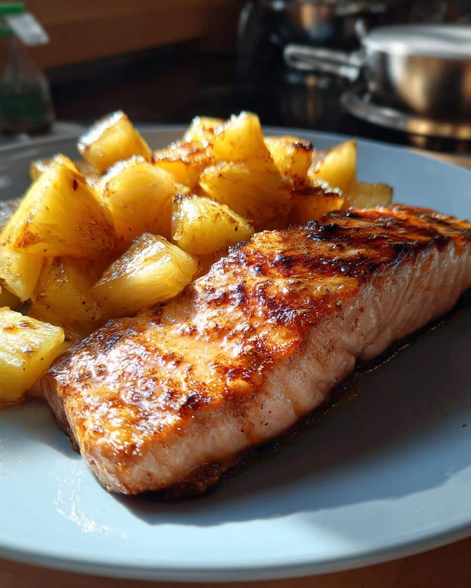 Amazing Grilled Salmon with Pineapple 6 A perfectly grilled salmon fillet served with golden brown chunks of pineapple.