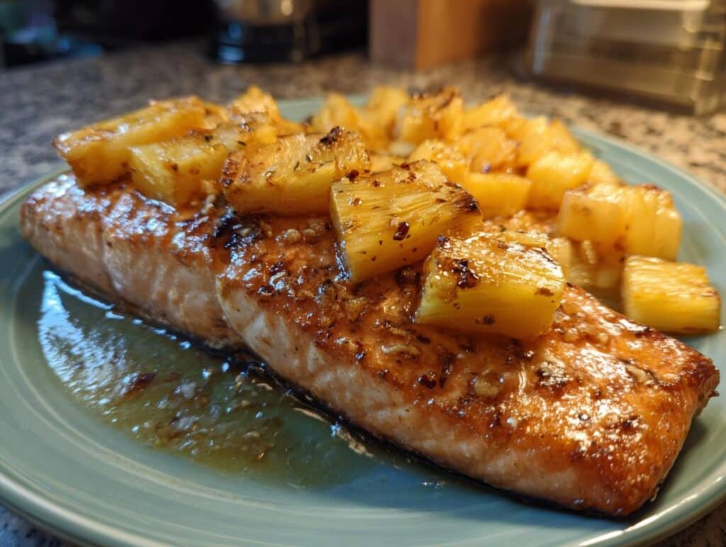 A close-up of a perfectly grilled salmon fillet topped with caramelized pineapple chunks.