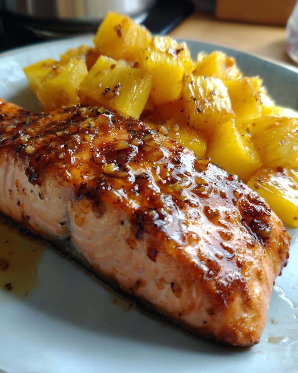 Amazing Grilled Salmon with Pineapple 7 A perfectly grilled salmon fillet with a glistening pineapple glaze, served alongside chunks of grilled pineapple.