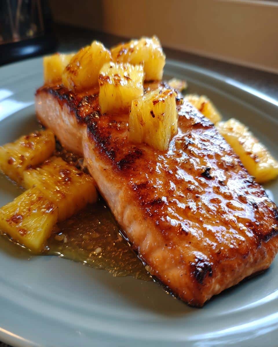 Amazing Grilled Salmon with Pineapple 8 A close-up of a perfectly grilled salmon fillet topped with chunks of grilled pineapple.