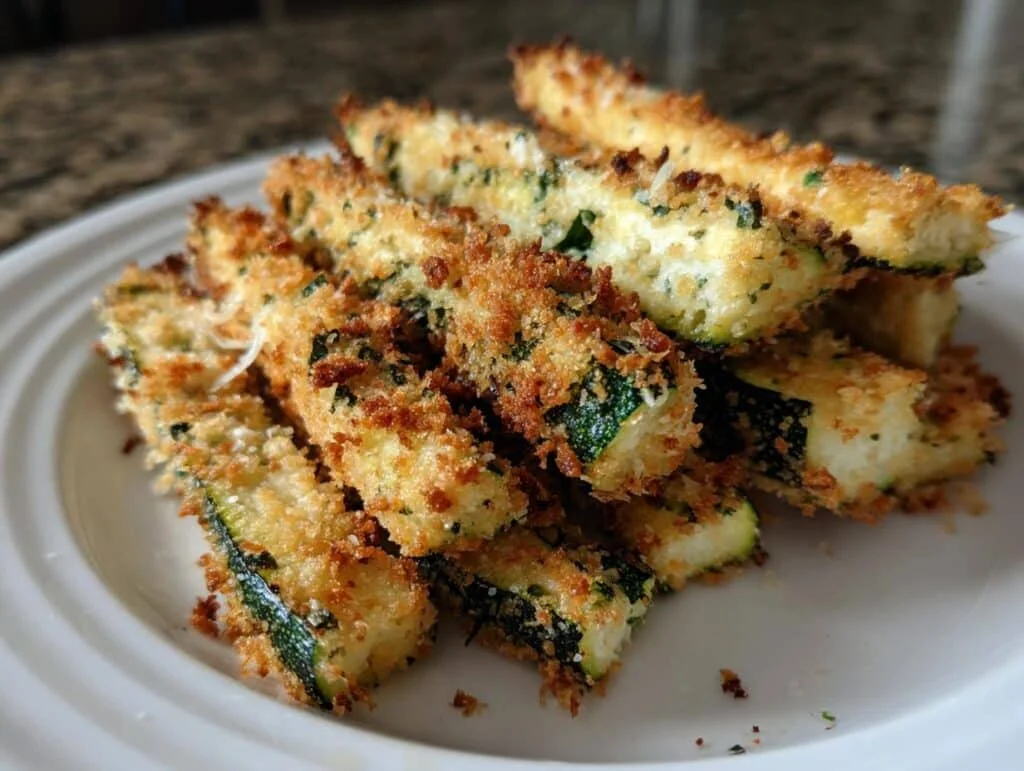 A close-up of golden-brown, crispy Healthy Air Fryer Zucchini Fries piled on a white plate.