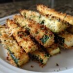 A close-up of golden-brown, crispy Healthy Air Fryer Zucchini Fries piled on a white plate.