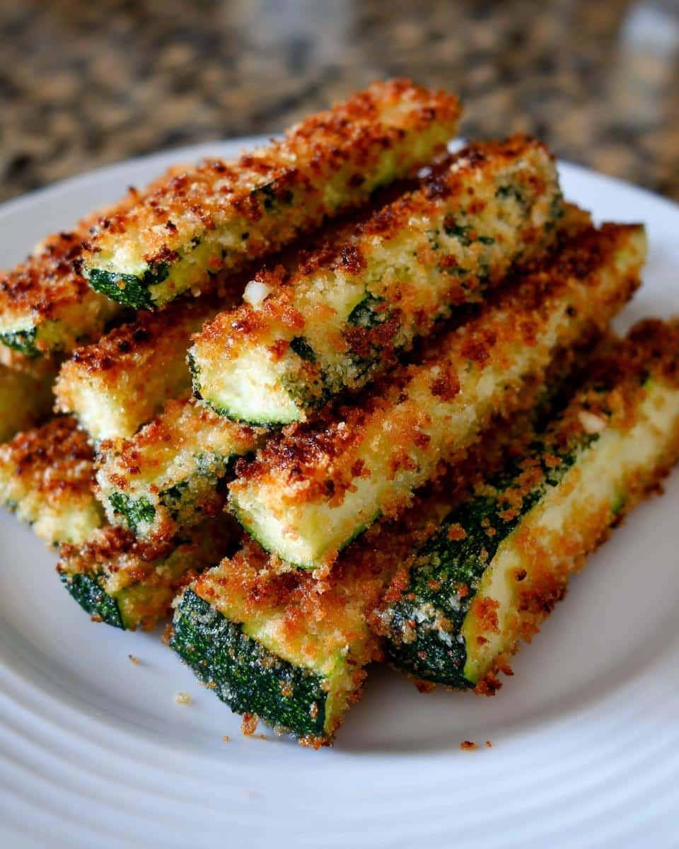A close-up stack of golden-brown, crispy Healthy Air Fryer Zucchini Fries on a white plate.