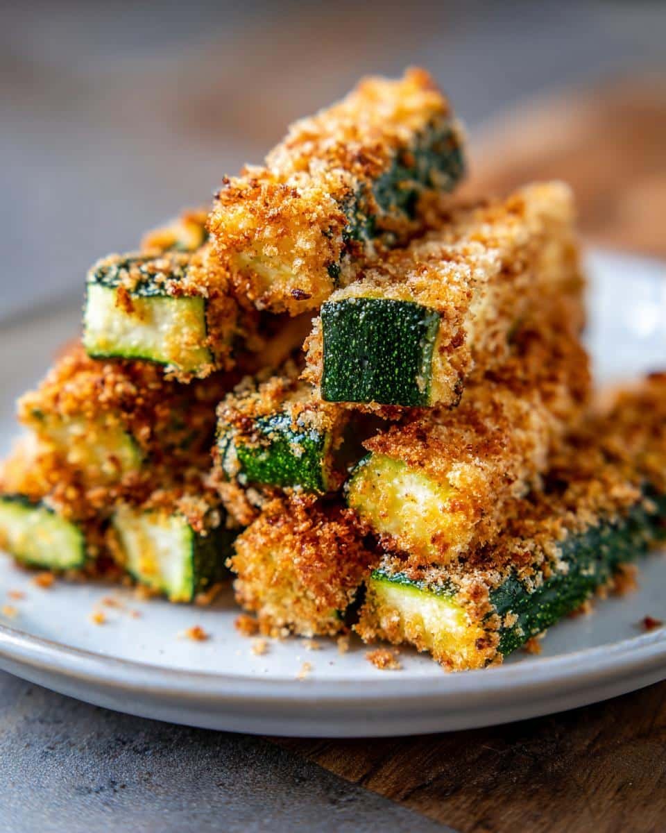 A close-up stack of crispy, golden-brown Healthy Air Fryer Zucchini Fries on a white plate.