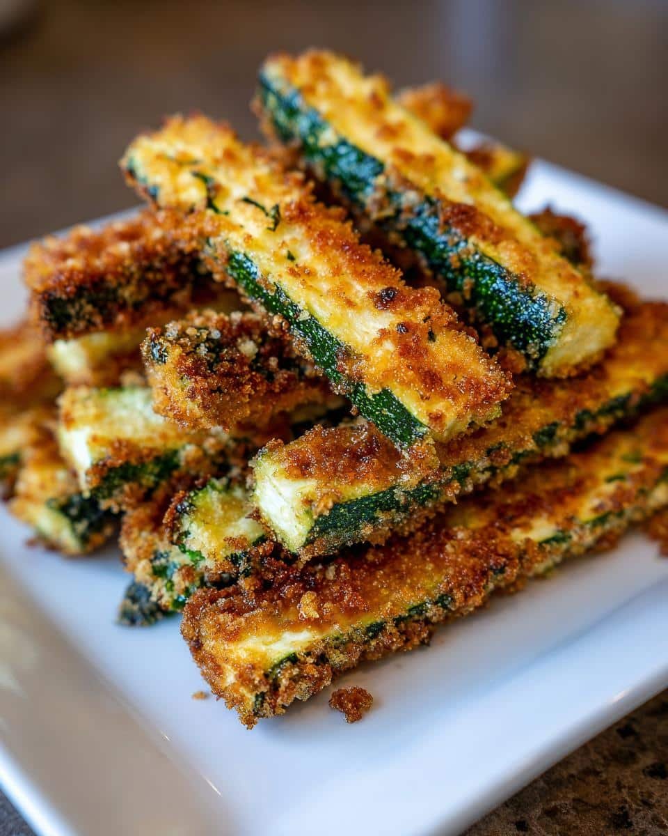 A close-up shot of a pile of golden-brown, crispy Healthy Air Fryer Zucchini Fries on a white plate.