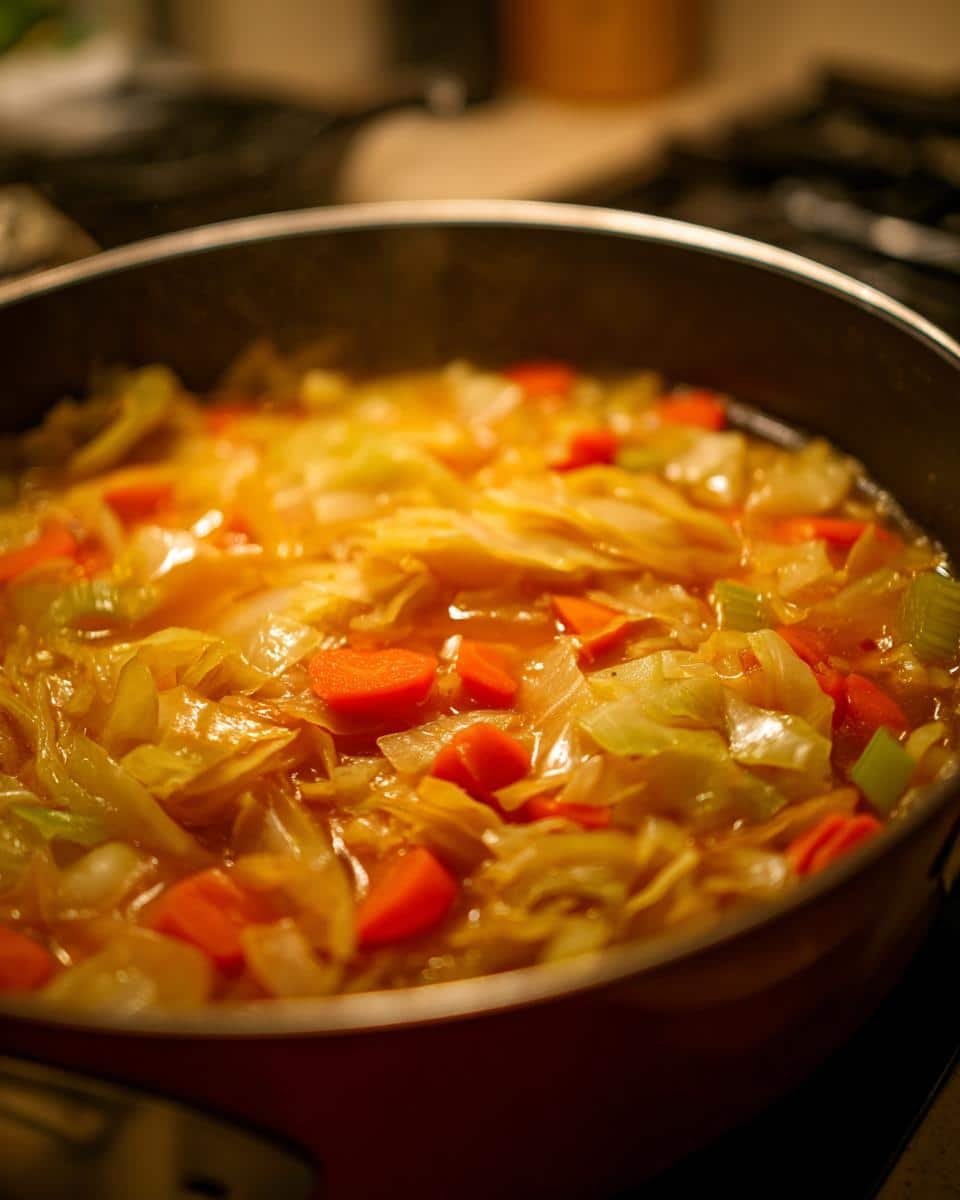 Amazing Healthy Cabbage Soup: 1 Delicious Bowl 7 Close-up of healthy cabbage soup with carrots and celery simmering in a pot.