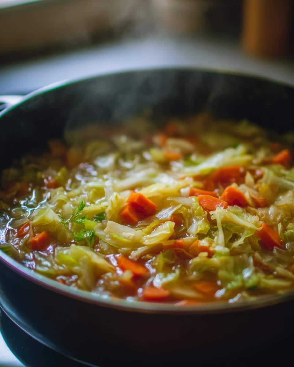 Amazing Healthy Cabbage Soup: 1 Delicious Bowl 8 Close-up of a pot filled with steaming Healthy Cabbage Soup, featuring chopped cabbage and carrots.