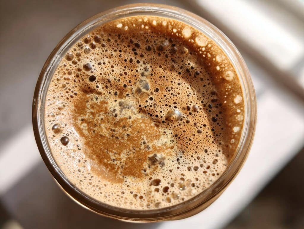 Top-down view of a jar of High Protein Overnight Oats with a rich, frothy, coffee-colored topping.