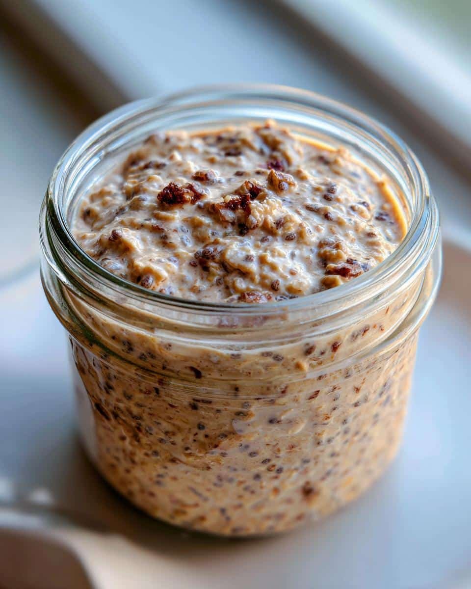 Amazing High Protein Overnight Oats: 5-Minute Prep 6 Close-up of High Protein Overnight Oats in a glass jar, showing texture and ingredients.