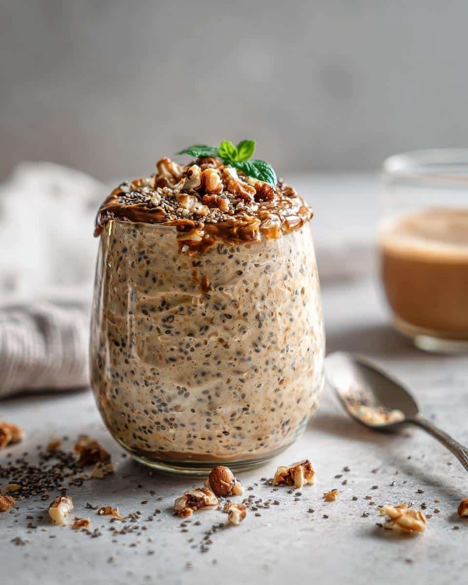 Amazing High Protein Overnight Oats: 5-Minute Prep 7 A glass jar filled with creamy High Protein Overnight Oats, topped with nuts, chia seeds, and a mint leaf.