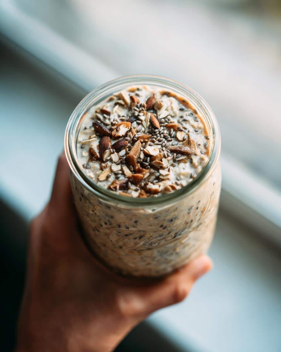 Amazing High Protein Overnight Oats: 5-Minute Prep 8 A hand holds a glass jar filled with High Protein Overnight Oats, topped with nuts and chia seeds.