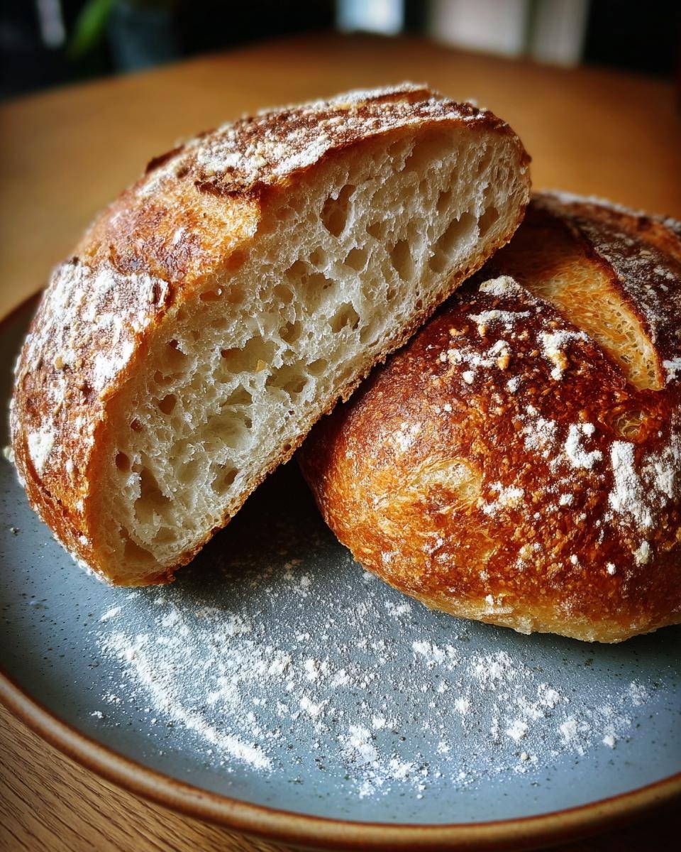 Close-up of two homemade bagels, one sliced in half to reveal a chewy interior, dusted with flour.