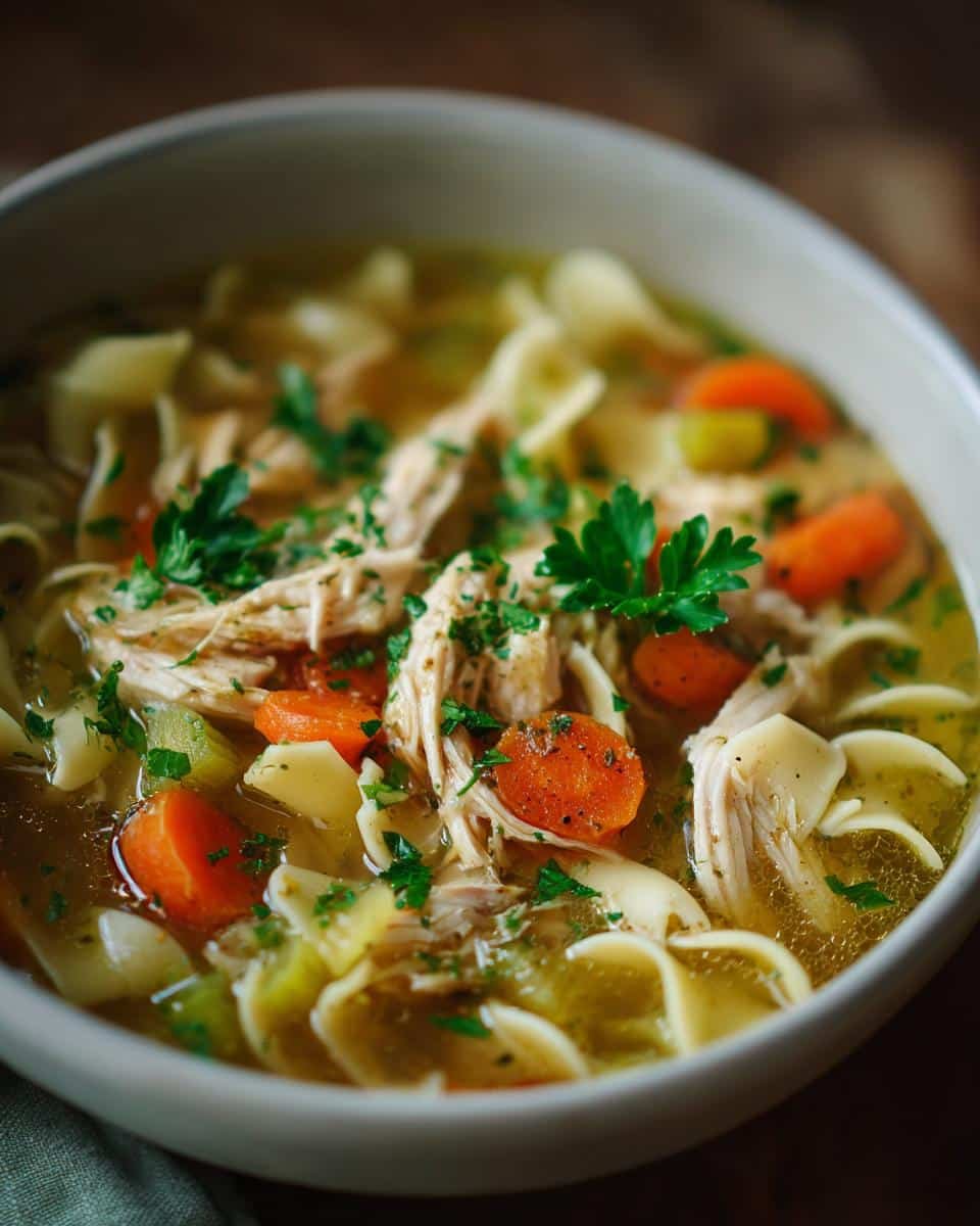 A close-up of a bowl of homemade chicken noodle soup, featuring shredded chicken, wide noodles, carrots, and parsley.