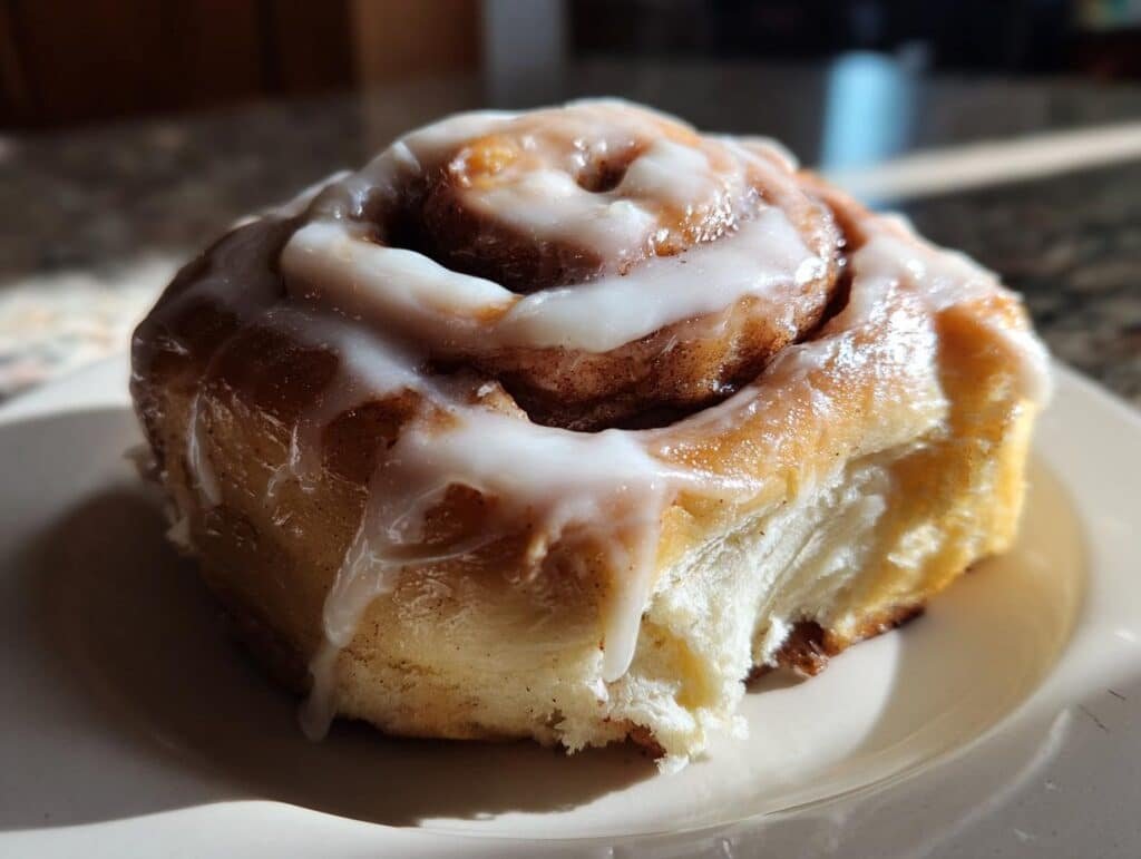 Close-up of a fluffy homemade cinnamon roll topped with white icing, on a white plate.