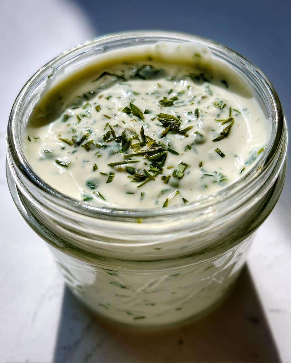 Amazing homemade ranch dressing in 10 mins 8 Close-up of creamy homemade ranch dressing in a glass jar, topped with fresh herbs.