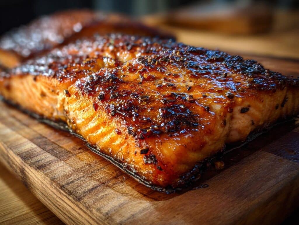 Close-up of a perfectly cooked Honey Glazed Salmon fillet with a glistening glaze and visible seasonings.